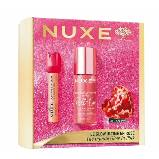 Nuxe Cofanetto Luminosità infinita in rosa - Huile Prodigieuse Or roll florale on 60 ml + very rose lip serum rimpolpante Nuxe Cofanetto Luminosità infinita in rosa - Huile Prodigieuse Or roll florale on 60 ml + very rose lip serum rimpolpante