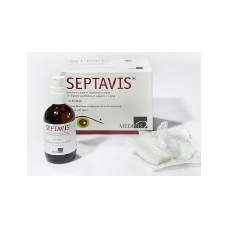 Septavis ipoclorito di sodio per l'igiene quotidiana di palpebre e ciglia 50 ml + 50 garze Septavis ipoclorito di sodio per l'igiene quotidiana di palpebre e ciglia 50 ml + 50 garze