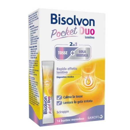 Sanofi Bisolvon Duo Pocket Lenitivo Sciroppo per gola irritata 14 bustine Sanofi Bisolvon Duo Pocket Lenitivo Sciroppo per gola irritata 14 bustine