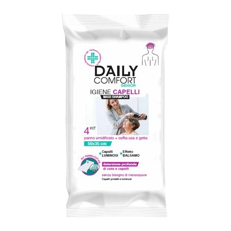 Daily Comfort Senior Panni con cuffia usa e getta per igiene dei capelli 4 kit Daily Comfort Senior Panni con cuffia usa e getta per igiene dei capelli 4 kit