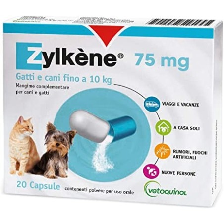 Zylkene integratore rilassante per cani e gatti 20 capusle 75 mg Zylkene integratore rilassante per cani e gatti 20 capusle 75 mg
