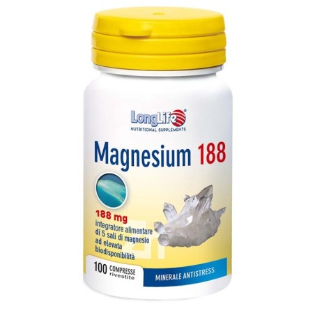 Longlife Magnesium 188-Integratore di 5 sali di magnesio 100 compresse Longlife Magnesium 188-Integratore di 5 sali di magnesio 100 compresse