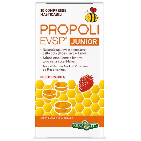 Erba Vita Propoli EVSP Junior 30 compresse masticabili gusto fragola per benessere della gola Erba Vita Propoli EVSP Junior 30 compresse masticabili gusto fragola per benessere della gola