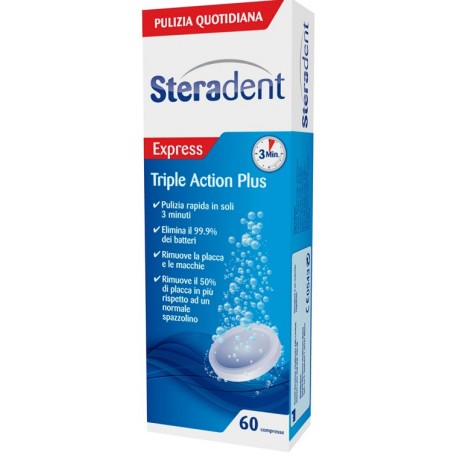 Steradent Triple Action Plus 60 compresse pulenti e igienizzanti per dentiera totale e parziale