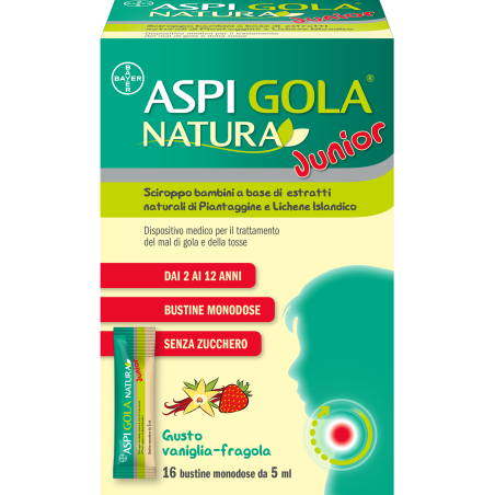 Aspi Gola Natura Junior Sciroppo per tosse e mal di gola nei bambini 16 bustine 5 ml Aspi Gola Natura Junior Sciroppo per tosse e mal di gola nei bambini 16 bustine 5 ml