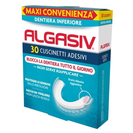 Algasiv Cuscinetti adesivi per dentiera inferiore 30 pezzi Algasiv Cuscinetti adesivi per dentiera inferiore 30 pezzi