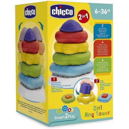 Chicco 2 in 1 Torre degli Anelli Gioco impilabile per bambini 6-36 mesi Chicco 2 in 1 Torre degli Anelli Gioco impilabile per bambini 6-36 mesi