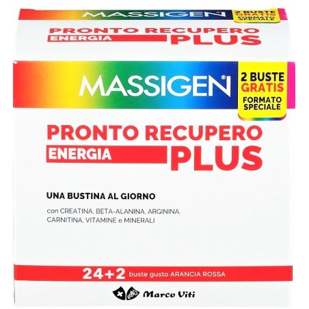 Massigen Pronto Recupero Energia Plus integratore energetico 24 + 2 bustine gusto arancia rossa Massigen Pronto Recupero Energia Plus integratore energetico 24 + 2 bustine gusto arancia rossa