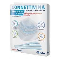 Confezione da 4 pezzi di medicazioni Connettivina Hi Tech da 10x10 cm ciascuna.