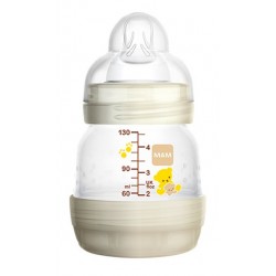 Confezione di un biberon MAM Easy Start da 130 ml con tappo protettivo.