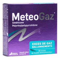 Confezione da 20 bustine di Meteogas per gonfiore intestinale.