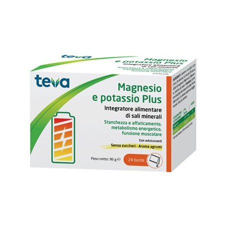 Teva Magnesio Potassio Plus integratore di sali minerali senza zucchero 24 bustine aroma agrumi Teva Magnesio Potassio Plus integratore di sali minerali senza zucchero 24 bustine aroma agrumi