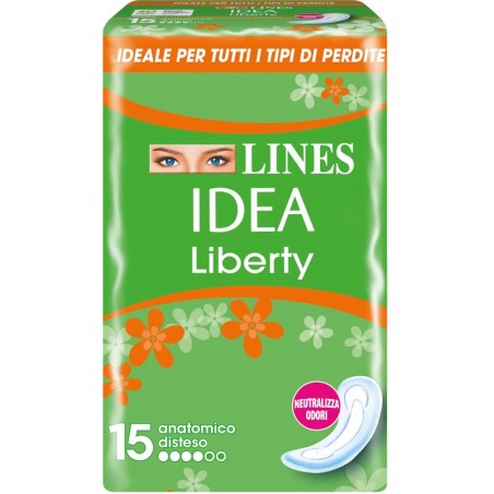 Lines Idea Liberty Assorbente ipoallergenico disteso anatomico 15 pezzi Lines Idea Liberty Assorbente ipoallergenico disteso anatomico 15 pezzi