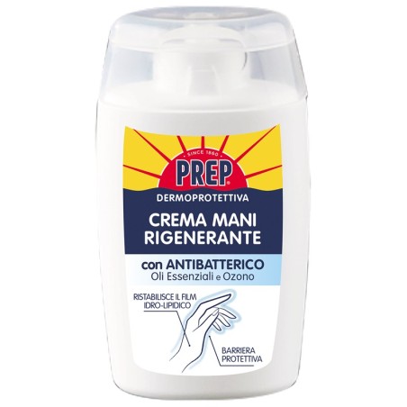 Prep Crema Mani Rigenerante con antibatterico oli essenziali e ozono 100 ml Prep Crema Mani Rigenerante con antibatterico oli essenziali e ozono 100 ml