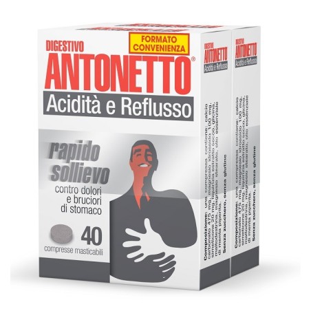 Digestivo Antonetto Acidità e Reflusso confezione doppia bipacco 40 + 40 compresse masticabili Digestivo Antonetto Acidità e Reflusso confezione doppia bipacco 40 + 40 compresse masticabili
