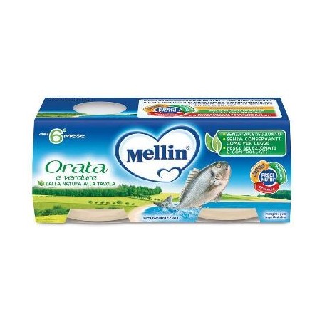 Confezione di 2 omogeneizzati Mellin gusto orata e verdure da 80 g ciascuno. Confezione di 2 omogeneizzati Mellin gusto orata e verdure da 80 g ciascuno.
