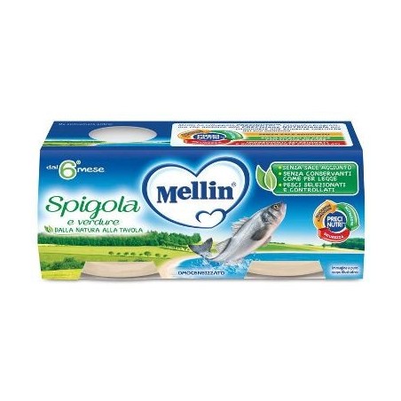 Confezione di 2 omogeneizzati Mellin gusto spiugola e verdure da 80 g ciascuno. Confezione di 2 omogeneizzati Mellin gusto spiugola e verdure da 80 g ciascuno.