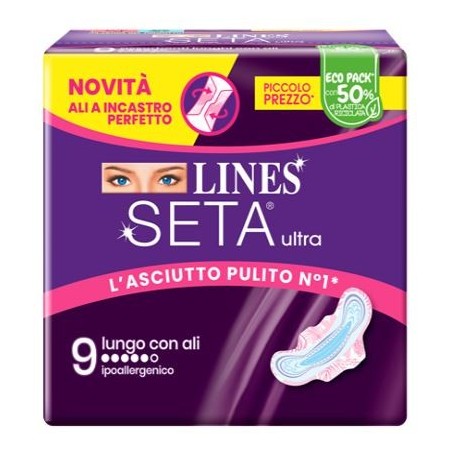 Lines Seta Ultra Assorbenti Lungo ipoallergenico con ali 9 pezzi Lines Seta Ultra Assorbenti Lungo ipoallergenico con ali 9 pezzi