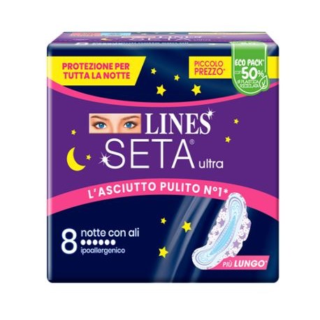 Lines Seta Ultra Assorbenti Notte ipoallergenici più lunghi 8 pezzi