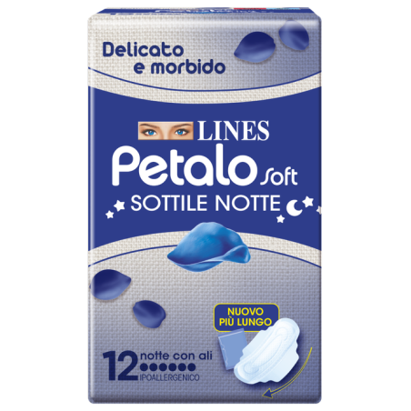 Lines Petalo Soft Sottile Notte Assorbente Ipoallergenico con Ali 12 pezzi Lines Petalo Soft Sottile Notte Assorbente Ipoallergenico con Ali 12 pezzi