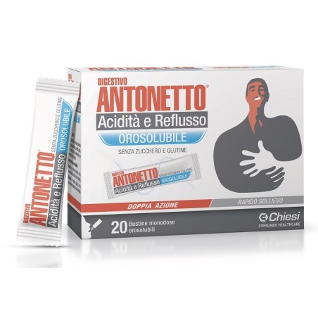 Digestivo Antonetto Acidità e reflusso orosolubile doppia azione rapido sollievo 20 bustine Digestivo Antonetto Acidità e reflusso orosolubile doppia azione rapido sollievo 20 bustine