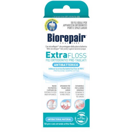 Biorepair Extra Floss Fili interdentali ortodontici pre-tagliati rigidi e spugnosi 50 pezzi