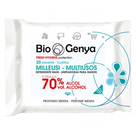 Biogenya Milleusi salviette detergenti mani igienizzanti 70% Alcool 20 pezzi