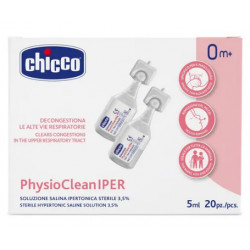 Confezione da 20 flaconcini monodose Chicco Physio Clean IPER da 5 ml ciascuno.