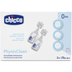 Confezione da 20 flaconcini monodose Chicco PhysioClean da 2 ml ciascuno.