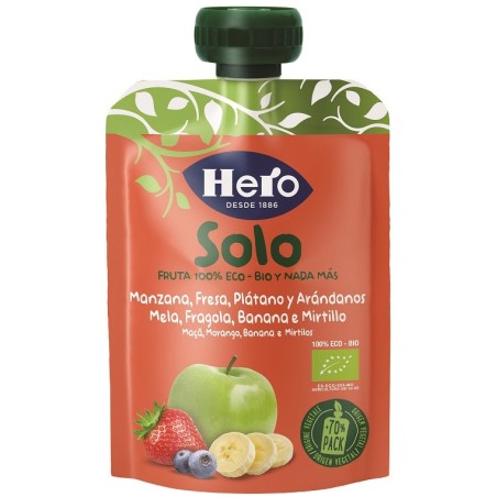 Hero Solo Frutta frullata Mela, Banana e Fragola confezione tascabile e richiudibile 100 g Hero Solo Frutta frullata Mela, Banana e Fragola confezione tascabile e richiudibile 100 g