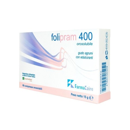 Farmakaire Folipram 400 integratore a base di folati 60 compresse orosolubili gusto agrumi Farmakaire Folipram 400 integratore a base di folati 60 compresse orosolubili gusto agrumi