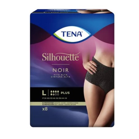 Tena Silhouette Noir Slip a vita alta colore nero per perdite urinarie taglia L 8 pezzi Tena Silhouette Noir Slip a vita alta colore nero per perdite urinarie taglia L 8 pezzi