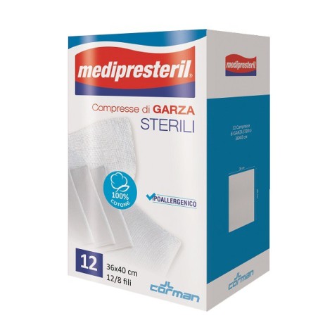 Medipresteril Compresse di garza sterili ipoallergeniche per protezione delle ferite 12/8 fili 36x40cm 12 pezzi Medipresteril Compresse di garza sterili ipoallergeniche per protezione delle ferite 12/8 fili 36x40cm 12 pezzi