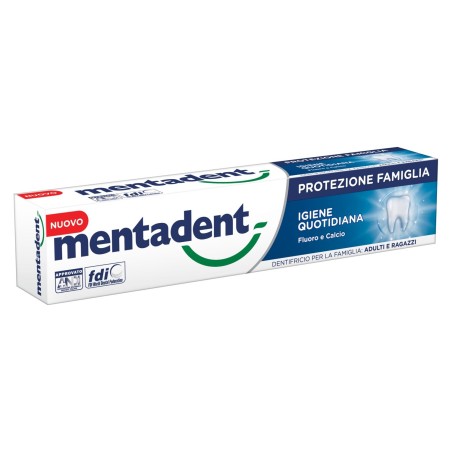 Mentadent Protezione famiglia igiene quotidiana dentifricio con fluoro e calcio 75 ml Mentadent Protezione famiglia igiene quotidiana dentifricio con fluoro e calcio 75 ml