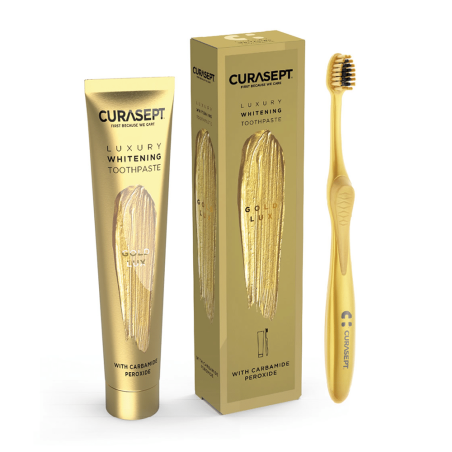 Curasept Gold Luxury Whitening Dentifricio sbiancante 75 ml + Spazzolino dorato Curasept Gold Luxury Whitening Dentifricio sbiancante 75 ml + Spazzolino dorato