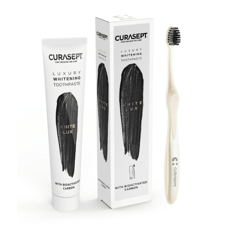 Curasept Luxury Whitening White Lux Dentifricio sbiancante al carbone 75 ml + spazzolino Curasept Luxury Whitening White Lux Dentifricio sbiancante al carbone 75 ml + spazzolino