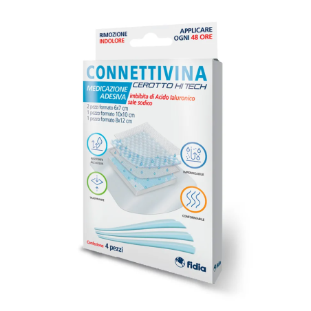 Connettivina Cerotto Hitech 4 misure miste 2 pezzi 6 x 7 cm + 1 pezzo 10 x 10 cm + 1 pezzo 8 x 12 cm Connettivina Cerotto Hitech 4 misure miste 2 pezzi 6 x 7 cm + 1 pezzo 10 x 10 cm + 1 pezzo 8 x 12 cm