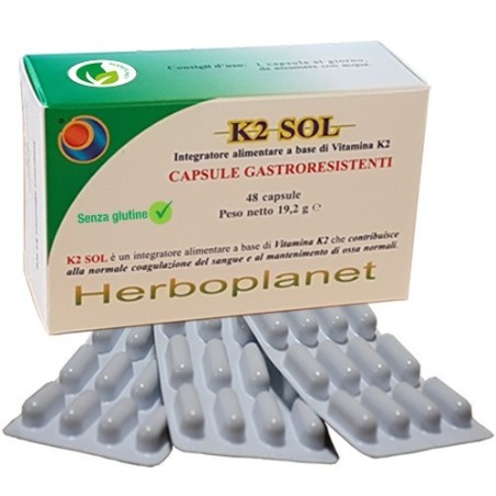 Herboplanet K2 Sol integratore per coagulazione del sangue e ossa 48 capsule Herboplanet K2 Sol integratore per coagulazione del sangue e ossa 48 capsule