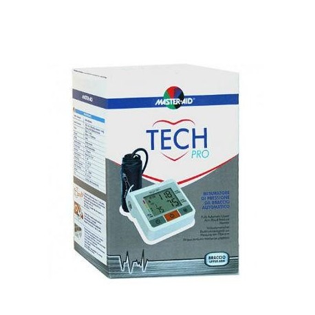 Un misuratore di pressione Master Aid Tech Pro con custodia e batterie.