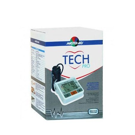 Un misuratore di pressione Master Aid Tech Pro con custodia e batterie.