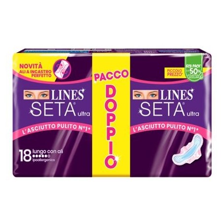 Lines Seta Ultra doppio pacco assorbenti lunghi con ali 18 pezzi Lines Seta Ultra doppio pacco assorbenti lunghi con ali 18 pezzi