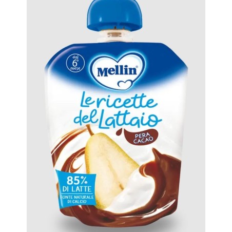 Mellin Pouch Merenda Latte Pera Cacao fonte di calcio snack per bambini 85 g Mellin Pouch Merenda Latte Pera Cacao fonte di calcio snack per bambini 85 g