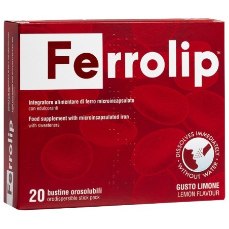 Ferrolip integratore a base di ferro 20 bustine orosolubili gusto limone Ferrolip integratore a base di ferro 20 bustine orosolubili gusto limone
