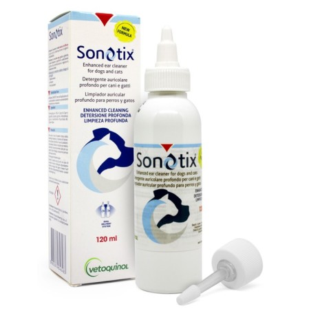 Sonotix Detergente auricolare profondo riequilibrante per cani e gatti 120 ml + cannula corta Sonotix Detergente auricolare profondo riequilibrante per cani e gatti 120 ml + cannula corta