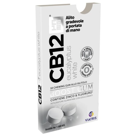 CB12 Boost Eucalyptus White Chewing gum senza zucchero con zinco e fluoruro per alito cattivo 10 pezzi CB12 Boost Eucalyptus White Chewing gum senza zucchero con zinco e fluoruro per alito cattivo 10 pezzi