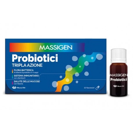 Massigen Probiotici Tripla Azione Integratore per l'Equilibrio Intestinale 10 flaconcini