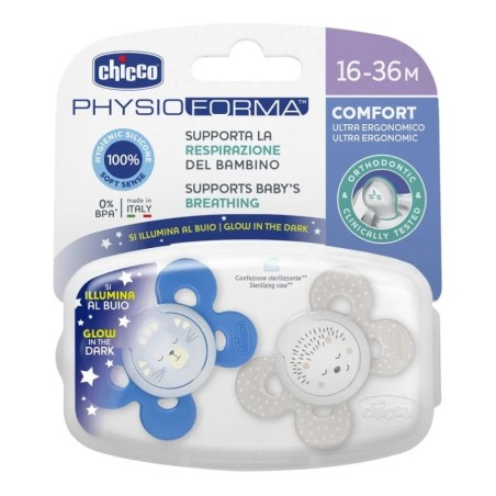 Chicco Physioforma Succhietto Comfort in silicone luminoso al buio 16-26 mesi 2 pezzi Chicco Physioforma Succhietto Comfort in silicone luminoso al buio 16-26 mesi 2 pezzi