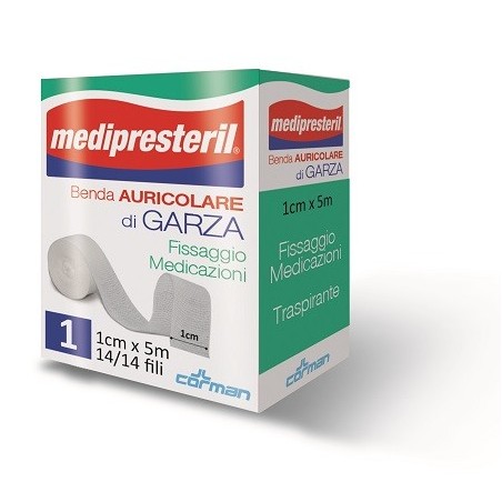 Medipresteril Benda auricolare di garza 12/8 per fissaggio di medicazioni 1 cm x 5 m Medipresteril Benda auricolare di garza 12/8 per fissaggio di medicazioni 1 cm x 5 m
