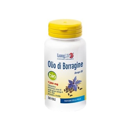 LongLife Olio di Borragine 1300 mg integratore per pelle e disturbi del ciclo mestruale 50 perle LongLife Olio di Borragine 1300 mg integratore per pelle e disturbi del ciclo mestruale 50 perle