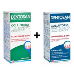 Dentosan Collutorio Bipack 0,2% intensivo e 0,05% quotidiano – 2 flaconi da 200 ml per igiene orale completa e antiplacca.